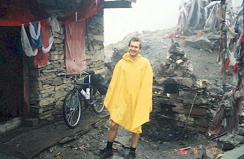 Mark outside the Tibetan Temple at Balangshan Pass