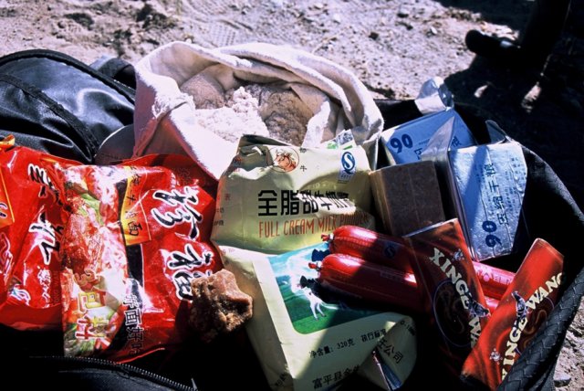 My standard diet. Two minute noodles. Brown rock sugar. Milk Powder. Chocolate bars, processed meat sticks. Army biscuits. Tsampa.